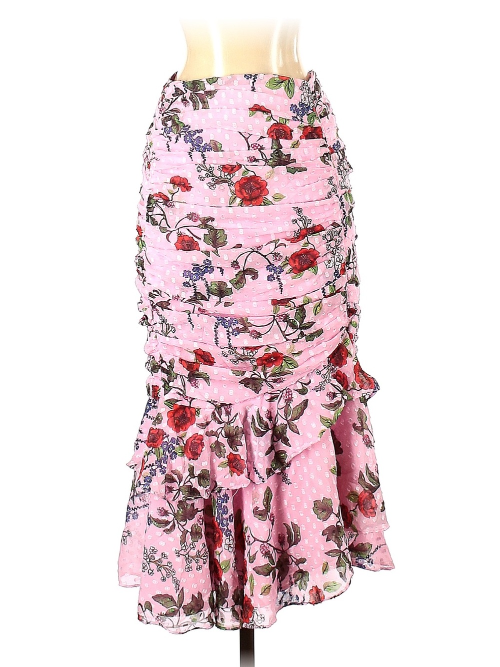 Keepsake pink floral midi dot skirt size small